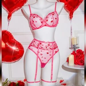 4pc Semi Sheer Pink & Red Embroidered Heart & Love Lingerie Set With Garters 💕
